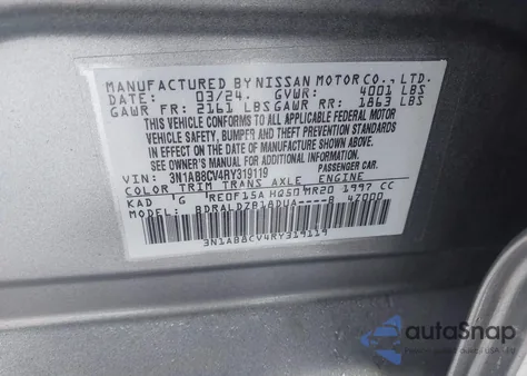 2024 Nissan Sentra Sv Xtronic Cvt z USA, uszkodzony, nr VIN 3N1AB8CV4RY319119